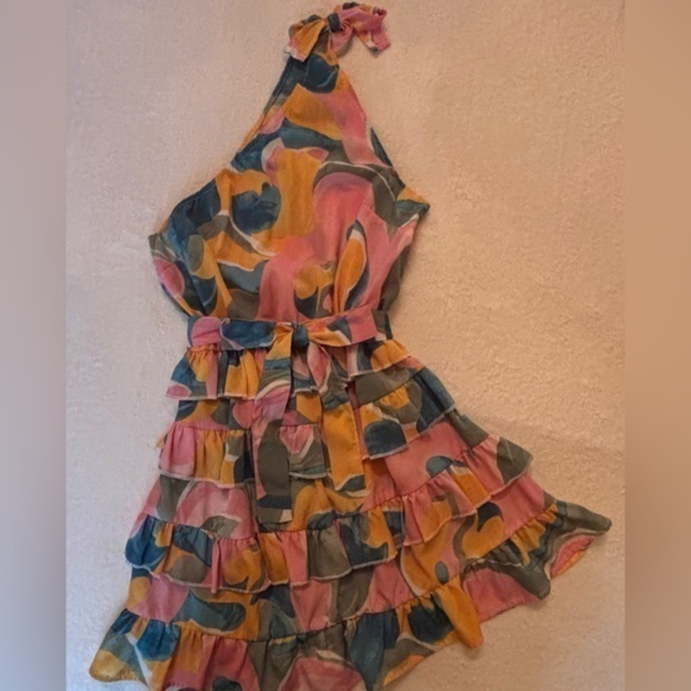 Colorful One Shoulder Tie Tiered Dress with Ruffle Details
Sz 5